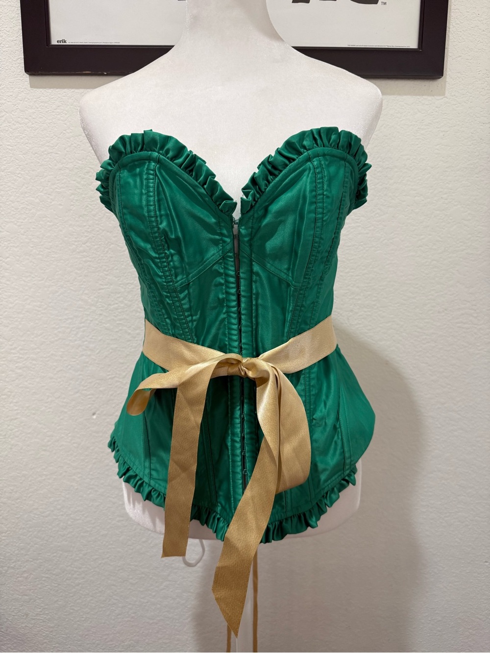 Victoria's Secret Emerald Green Strapless Ruffled Corset with Gold Sash